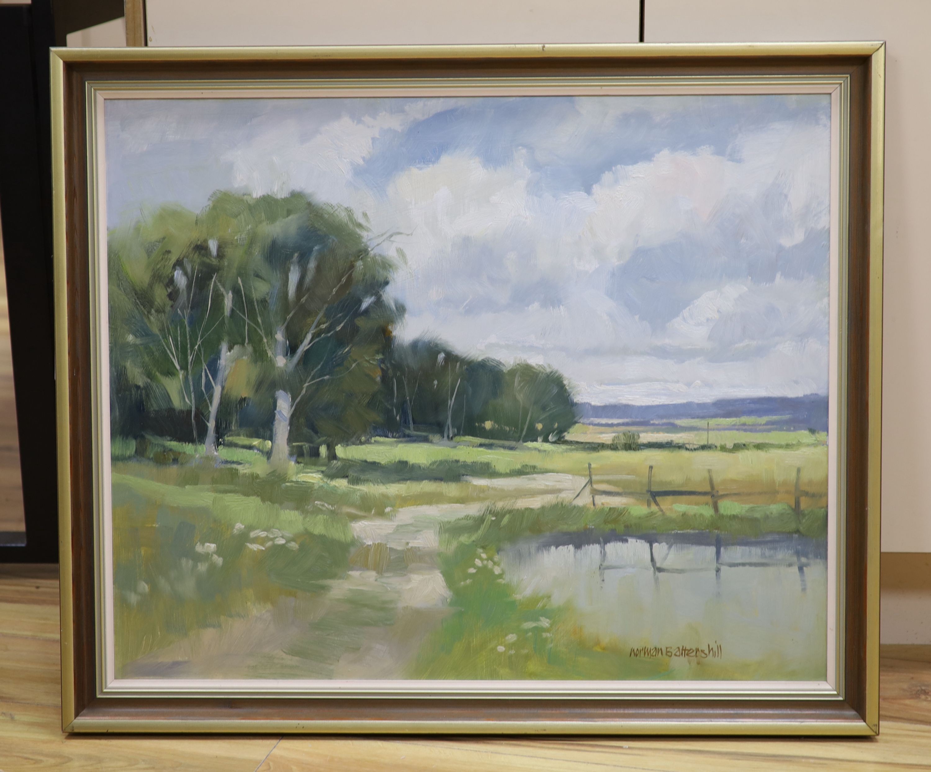 Norman Battershill (1922-2010), oil on board, Landscape with trees beside a pond, signed, 60 x 73cm